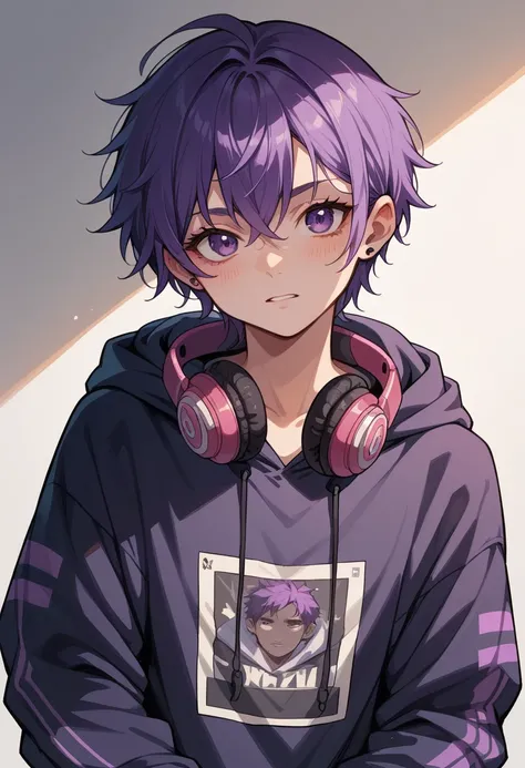 Best Quality，，Purple Hair，hoodie，headphone