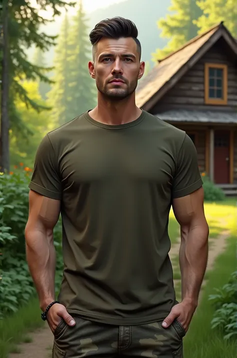 Realistic, handsome man 45 years under cut black -brown hair, clear face, wearing dark khaki t-shirt and camo trousers, standing in front of cabin house in the forest, bright sky in the morning, green atmosphere 