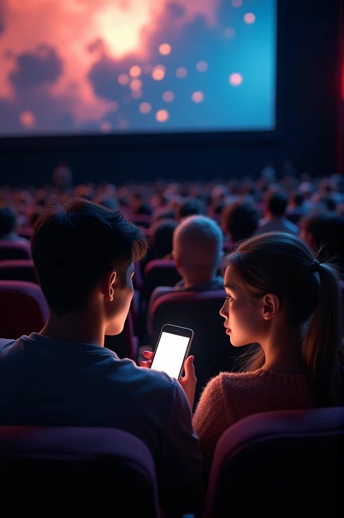 Two people talking to each other while watching a movie in a theater, while another is using a mobile phone at full brightness...