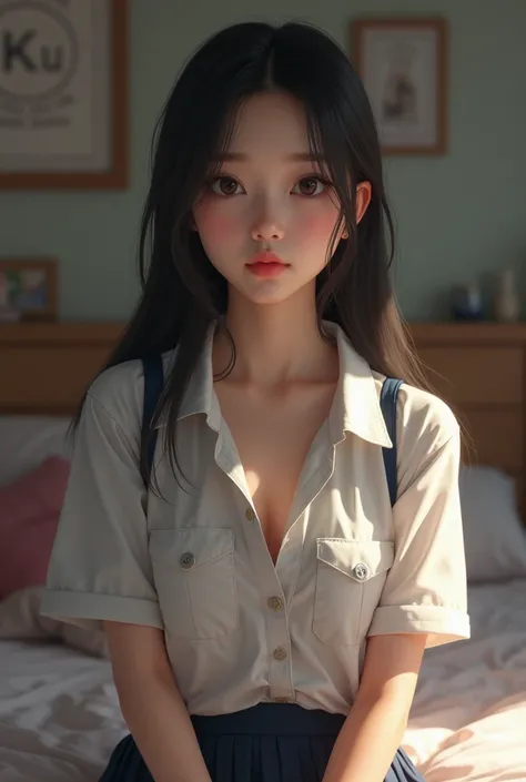 Realistic、Age 15、woman、Asian、Normal face、Student Uniform、I can see her cleavage、bedroom、I&#39;m in heat、Realistic