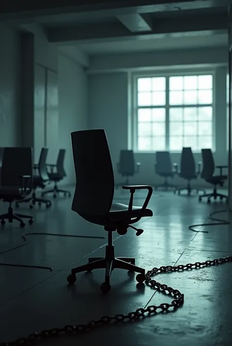 I would like to create an image of an office that has a broad and open concept, with swivel chairs chained or tied to the floor, creating an air of suspense and terror.
