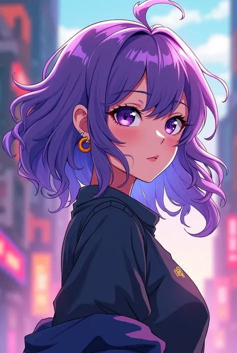 make me a picture of a character in the style of the anime boku no hero, the front of her hair is shoulder length, the back is fulfilled, her hair is purple and wavy, your eyes are lilac, she has ear piercings.
she needs to have the same features as the an...