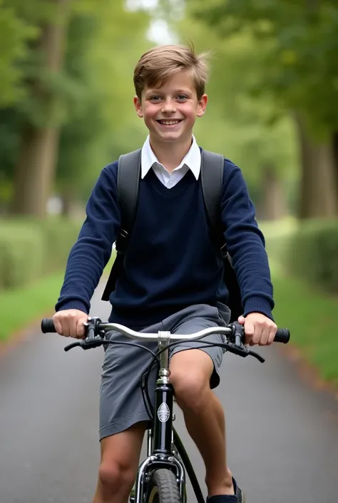 a British prince, kid, , short hair, wearing shirt and navy jumper, wearing shorts, wearing a backpack, pose for a picture, sitting on a bike at the road, smiling at the camera