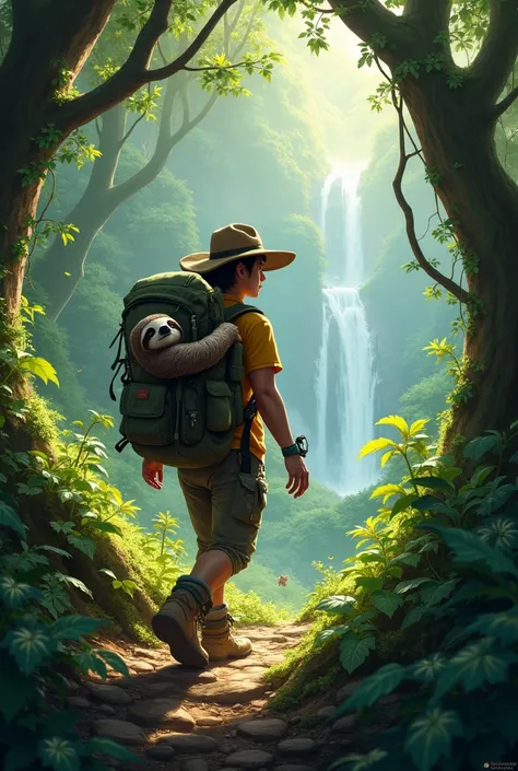 an explorer with a sloth backpack in the forest
