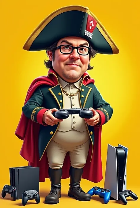 Create me a caricature of Napoleon Bonaparte, the character uses electronic equipment used to play video games and the background is yellow. Remove the character&#39;s glasses and add more body mass, Dont overdo it.