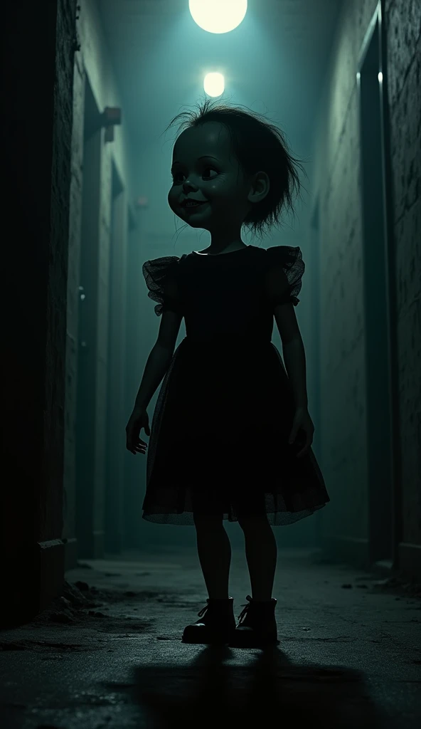 Silhouette of a cracked porcelain doll, no hair, eyeless and smiling maniacally, looking up, away from the camera, in the full darkness of the night, she is wearing a white dress dirty with mud, inside a basement. the scene is dark and terrifying