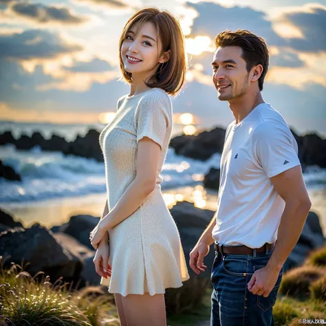 (Realistic, 超Realistic:1.4), 16K HDR, High resolution,Brown short hair,The best smile、Japanese Actress,Super Beauty(Like the real thing),Short sleeve dress,Whiskey Bottle、The Macallan、Johnnie Walker、、Old Parr、whiskey、Slim couple、Model Couple、(Realistic, In...