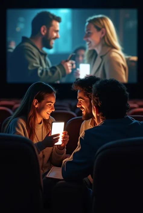 Two people talking to each other while watching a movie in a theater. while another person is using a mobile phone at full brightness... 