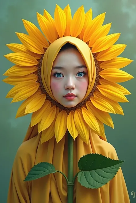 Lukisan akrilik cinematic fotorealistik tergambar 
Tanaman bunga matahari yang berwarna cerah berdiri tegak, the petals turned into the head of a beautiful Korean Muslim woman with smooth white skin, a perfectly groomed face, wearing a hijab, smiling sweet...