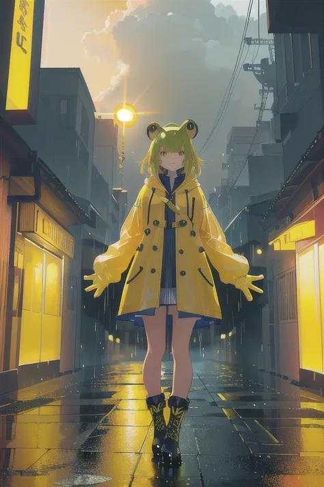 a young woman in a yellow raincoat and frog-head decorated boots,standing in the middle of a rainy street,looking up at the sun emerging from between the clouds,intricate details,hyperrealistic,extremely detailed,cinematic lighting,vibrant colors,dramatic ...