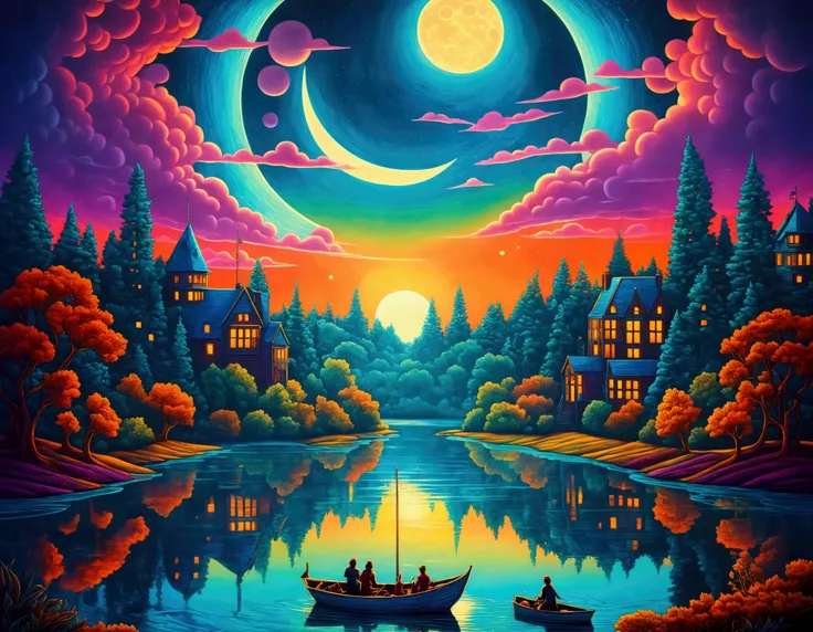 a painting of a couple in a boat on a lake with a full moon, detailed dreamscape, beeple and jeremiah ketner, dream scenery art, scenery artwork, painting by dan mumford, magical city, ( ( ( ( ( dan mumford ) ) ) ) ), dan mumford and albert bierstadt, myst...