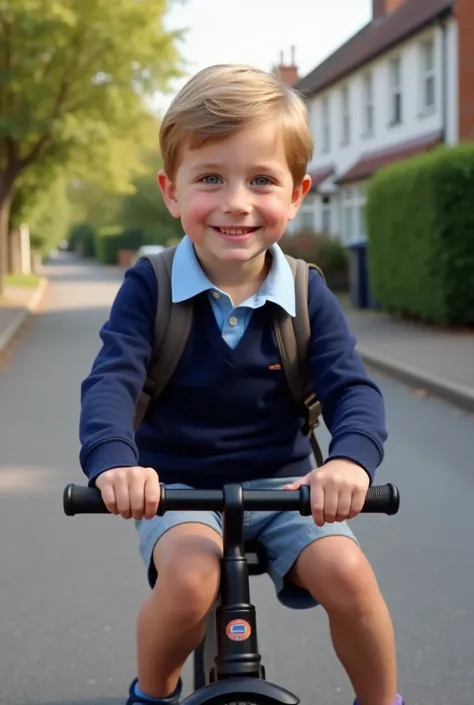 a British prince, kid, , short hair, wearing shirt and navy jumper, wearing shorts, wearing a backpack, pose for a picture, sitting on a balance bike at the road, smiling at the camera