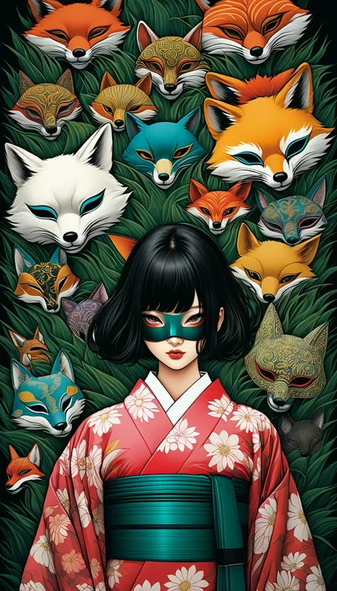 Illustration、art、Horror, Supervised by Junji Ito、Attention to detail, Realistic shadows、Analog Style, chromatic aberration, Surrealism、Fox Mask、yukata