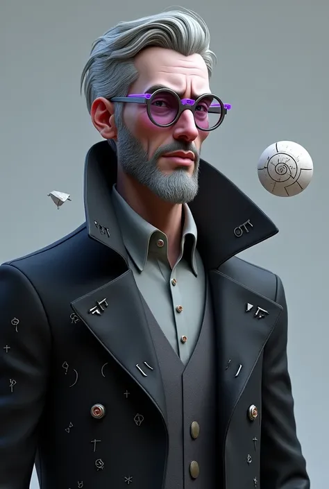 The artwork of the image is 3D realistic, similar to Overwatch, highly detailed and sharp in HD. The characters face is a surrealist style.

A man of medium height with a mature and tired appearance. His name is Nimbo. Nimbo wears a black overcoat with a l...