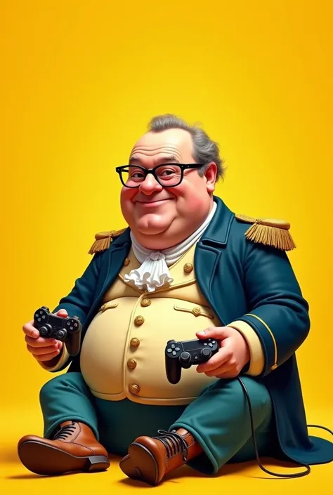 Create me a caricature of Napoleon Bonaparte, the character uses electronic equipment used to play video games and the background is yellow. Remove the character&#39;s glasses and add more body mass, Dont overdo it. I liked the image, could make the charac...