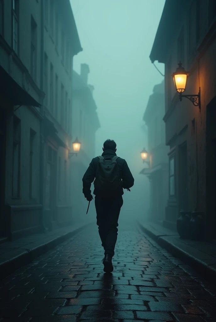 create an image with a young man in the middle of the fog at night on the streets of berlin germany in 1920 with a backpack on his back walking on the sidewalk discreetly running away backwards