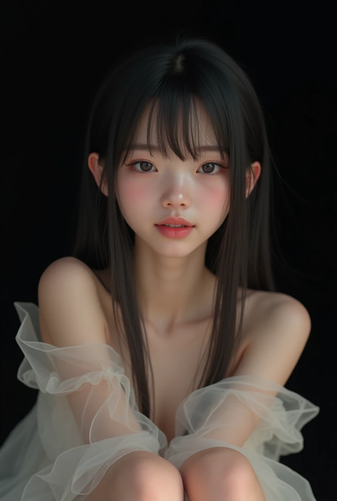 Photo real, Masterpiece, Transparent Tulle, nakid, Nipples are clearly visible, Long straight hair with bangs, Sitting flat, baby face, Detailed eyes, Detailed double eyelids, Natural makeup, pink lips, Laugh with a crumpled face,black background, clear sk...