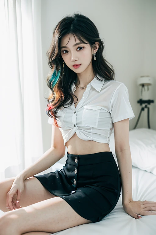 Top quality, RAW Photo, Highest Quality Image, 16K, Full body, Age 22, Realistic, Photorealistic,  Beautiful Asian woman, Sexy, body, White pale skin, ((( Multicolor Hair ))), ((( Short and wavy hairstyle ))), Modern hairstyles, Detailed face, Detailed bod...