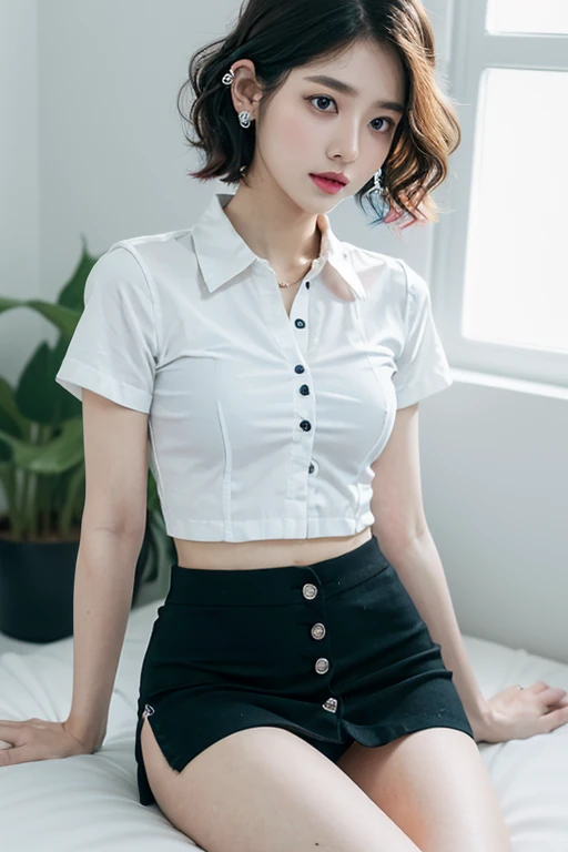 Top quality, RAW Photo, Highest Quality Image, 16K, Full body, Age 22, Realistic, Photorealistic,  Beautiful Asian woman, Sexy, body, White pale skin, ((( Multicolor Hair ))), ((( Short and wavy hairstyle ))), Modern hairstyles, Detailed face, Detailed bod...