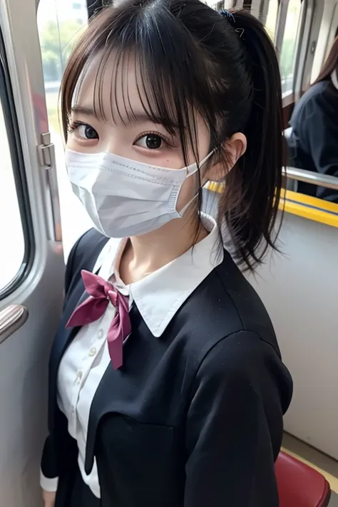 masterpiece、japanese、1 girl、standing on the train、selfie taken from above、cute、happy、uniform、 ultra hd, , slanted eyes, wearing ...