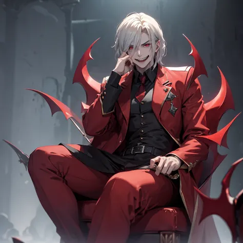 Vampire man sitting on noble throne made with demon blood ore Laughing with hand on face and hjlyh