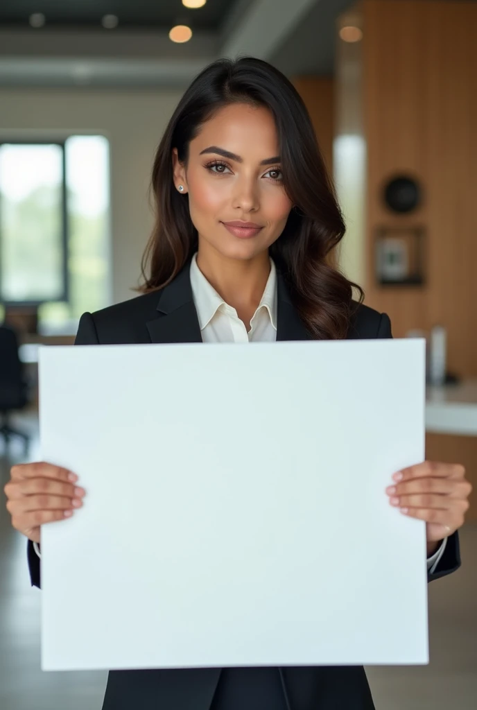 Hd image of Beautiful lady office staff in suit in kerala holding a big white poster