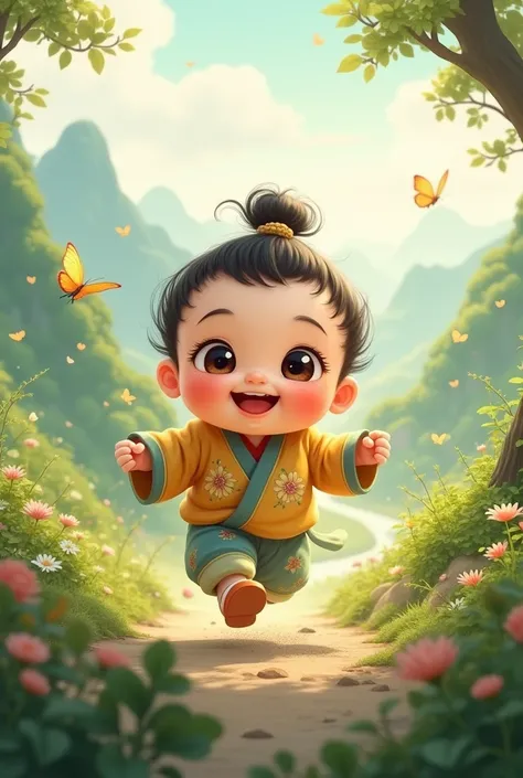 Chinese ancient style big-eyed cute baby running in the green countryside Q picture