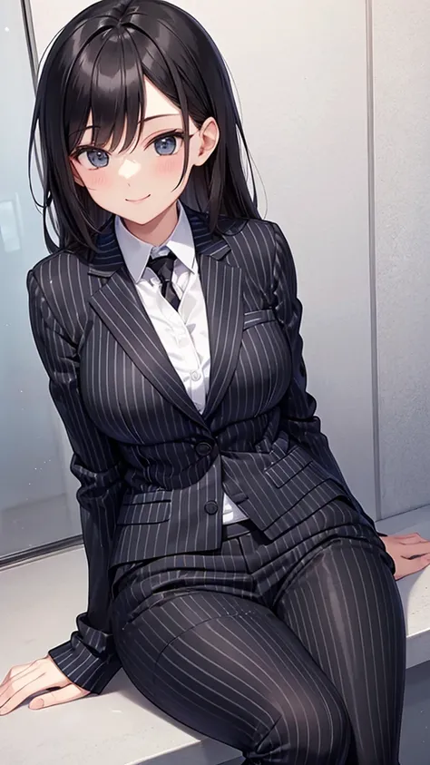 Woman wearing black top-of-the-line striped suit　tie　smile　