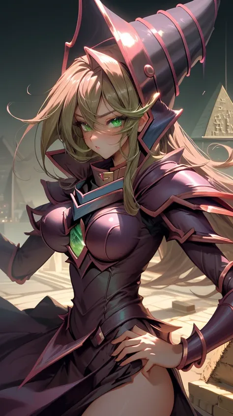 (masterpiece), (dark magician girl), (long hair, crinsom hair), (detailed eyes), (green eyes), (detailed face), (perfect body), (big breasts), (coquettish), (pyramid background), (high quality), (4k), (ultra high quality), award winning ai art