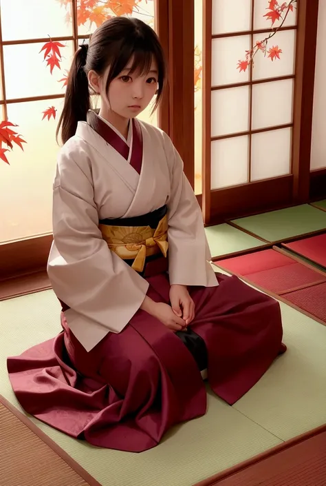 Japanese style、Girl in Japanese clothing、Sitting upright on a tatami mat、Light is shining through the shoji screen.、Nostalgic、autumn、The room overlooks the garden、Autumn leaves in the garden、There is a clear distinction between light and dark、High definiti...