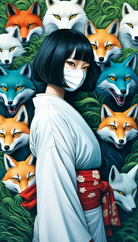 Illustration、art、Horror, Supervised by Junji Ito、Attention to detail, Realistic shadows、Analog Style, chromatic aberration, Surrealism、Fox Mask、yukata、White World