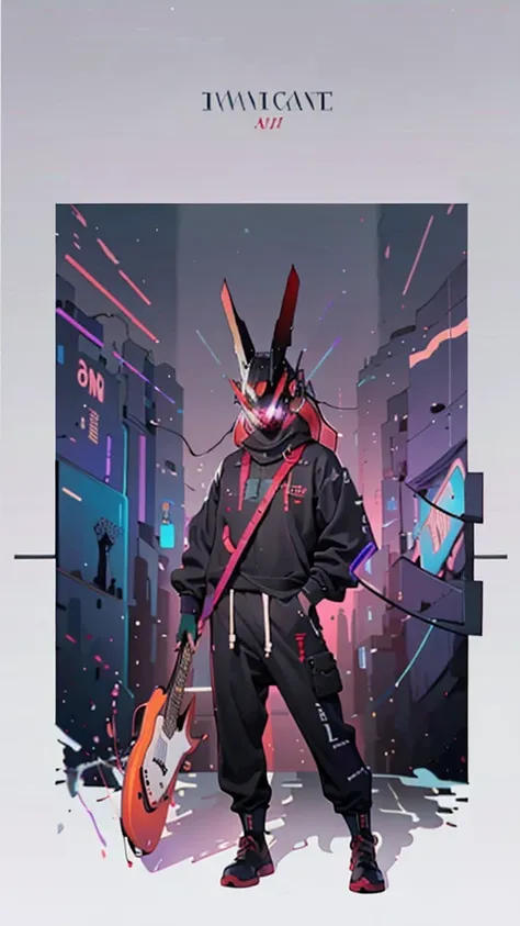 Slim young man、((Carrying a guitar case))、Symmetrical corners、((Cyber Helmet))、Red Hair、One Shining Eye、Beast-like mask、A dark city with purple and green neon lights、Facing forward、Open arms pose、The whole body is shown、1990s, Black Leather Gloves、(Flat Co...