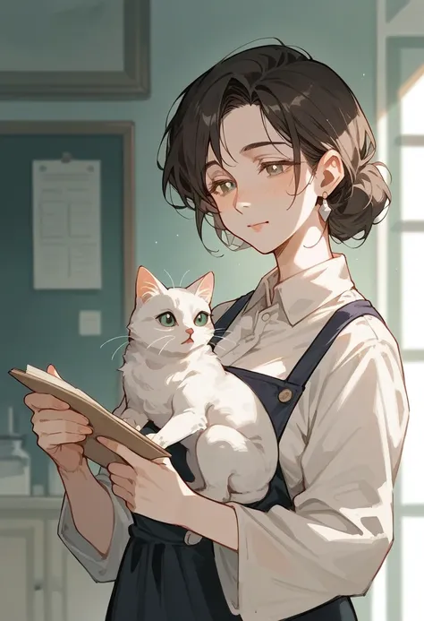 A female veterinarian, with short wavy black hair, light brown siren eyes, pale skin, mature features. In a veterinary clinic, holding a white cat.