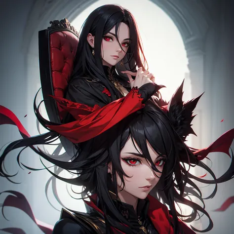 Male vampire sitting on a noble throne made of black stone and vibrant and magical red details. This vampire has long black hair. 