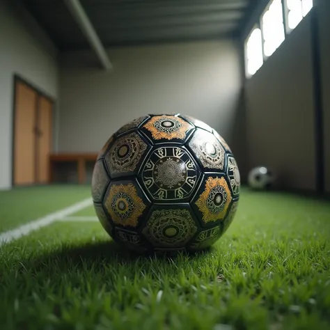 ball soccer, room in, 4k, ball have ornate, patterned, it is placed on the grass