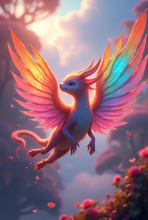 Magical creatures , with bright wings shimmering like rainbows in animation style 