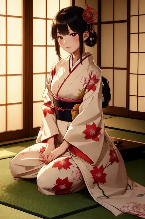 Japanese style、Girl in Japanese clothing、Sitting upright on a tatami mat、Light is shining through the shoji screen.、Nostalgic、autumn、The room overlooks the garden、Autumn leaves in the garden、There is a clear distinction between light and dark、High definiti...