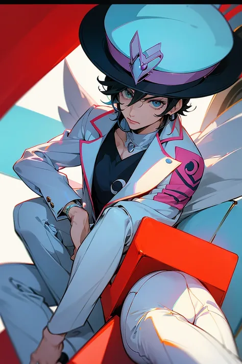 anime character sitting on a chair talking on a cell phone, cel shaded anime, dandy from space dandy anime, he is wearing a top hat, inspired by Junpei Satoh, hirohiko araki style, white suit and hat, safebooru anime image, in the anime film, persona 5 pha...