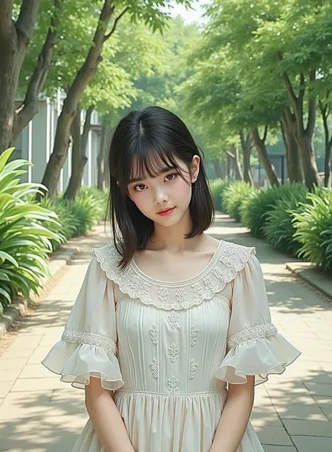 Short straight hair, wearing a light-colored dress with delicate patterns and ruffled sleeves, standing with hands gently clasped, looking down slightly, smooth skin, outdoor setting with a pathway lined with greenery and trees, natural sunlight creating s...