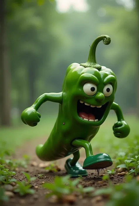 Blue backhoe chasing a scared green hot chili pepper with running face