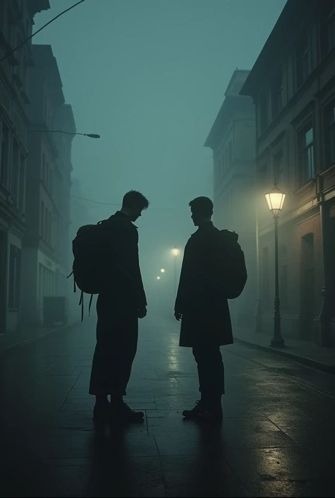 berlin 1920 fog on the street night near the metro a 2 young man with a backpack on his back only 1 young man 
