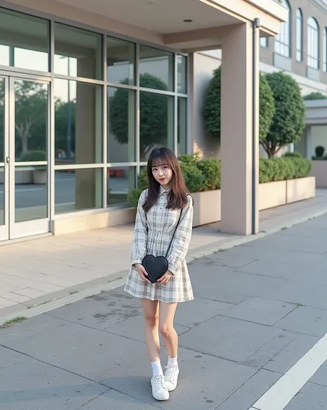 A young woman with long, straight hair stands outdoors, wearing a short, light-colored plaid dress paired with white socks and sneakers. She holds a cute, black heart-shaped purse with both hands in front of her. The background features a modern urban envi...