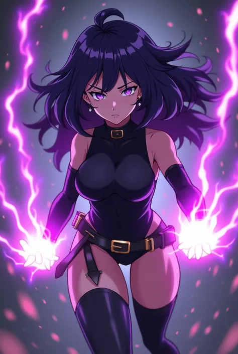 make me a picture of a character from the anime boku no hero,  your hair is big, dark purple and wavy,  your eyes are lilac, She has small silver piercings in her ear. She has powers so her hair is flying and her eyes and hands glow with purple energy, she...