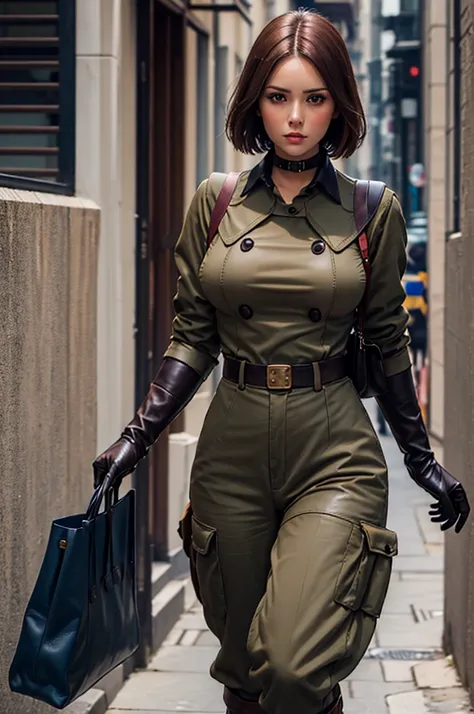 (Best image quality, highest quality, Highest Resolution, Ultra-Realistic Images, Very detailed, masterpiece, 8k), One Woman, Brown medium hair, Khaki military uniform, Leather gloves, Leather boots, With a blue whip, big Breasts, blush, serious look, Brow...