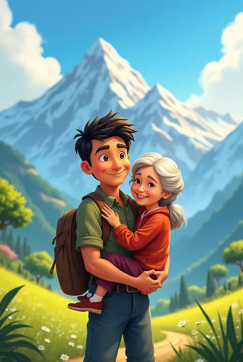 Young farmer carrying his mom to go to the mountains (animated