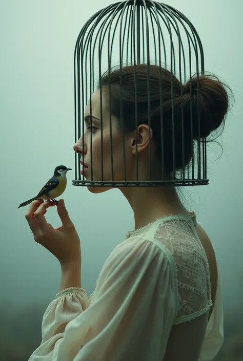 a woman from behind with her head completely inside a cage, with a little bird in hand, hand next to woman&#39;s face, current image style