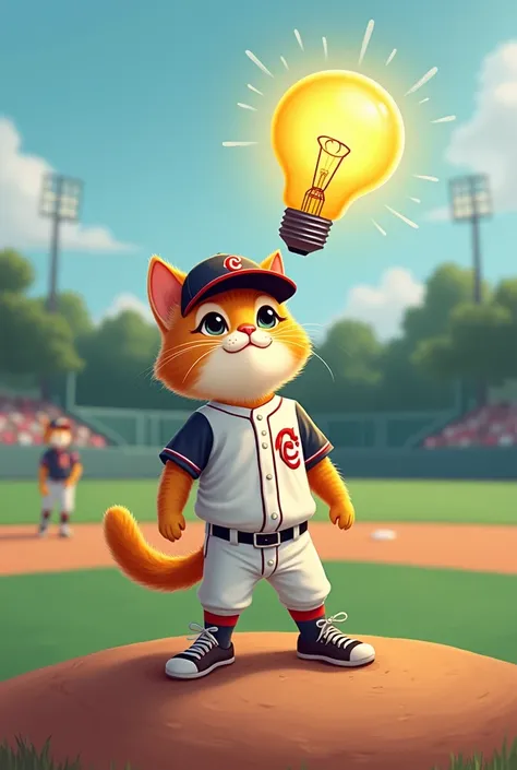 A cat is pitching with its baseball uniform  and the same time it is thinking one idea we can see like lamp