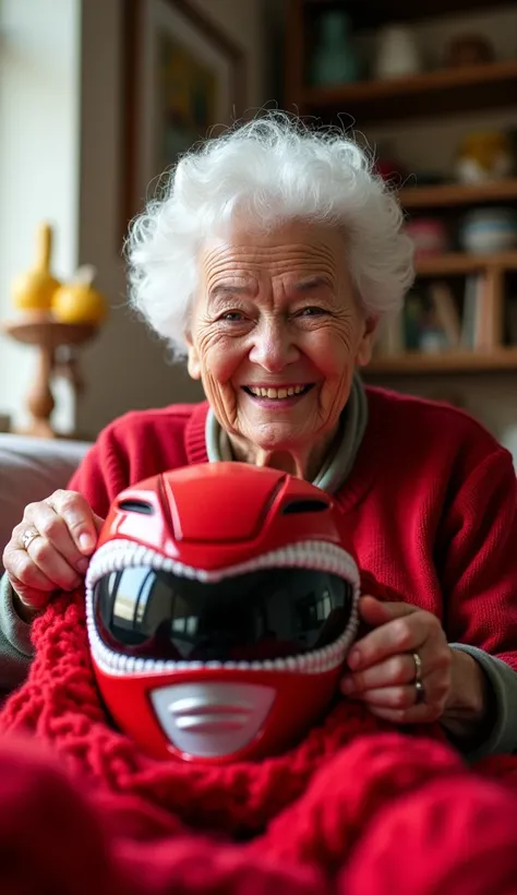 A happy 90-year-old woman knitting a red Power Rangers helmet. 