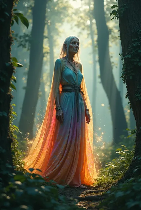 A thin old woman, with a colorful dress, emitting many rays, in the middle of a forest 