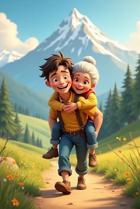 Young farmer piggy back his mom to go to the mountains (animated